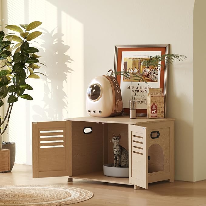 DINZI LVJ Litter Box Enclosure, Cat House with Good Ventilation, Entrance Can Be on Left or Right Side, 31.5" Long Hidden Washroom for Most Litter Box, Cat Furniture Cabinet, Natural