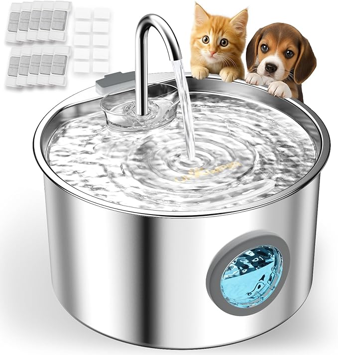 Cat Water Fountain Stainless Steel 108oz/3.2L with 20 Filters Automatic Pet Water Fountain for Cats/Dogs Indoor Ultra Quiet Metal Cat Fountains for Drinking Kitty Watering Supplies for Animals