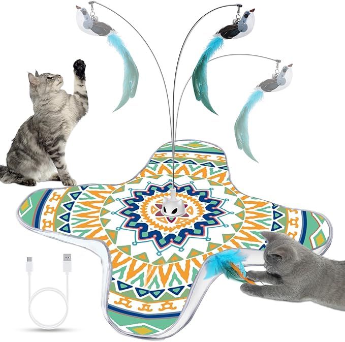 Interactive Cat Toy, Rechargeable Cat Toys for Indoor Cats, Automatic Cats Chasing Toy, Hide & Seek, 2 Modes, Self-Holding Suction Base, 3-in-1 Feather Toys with 1 Teaser Pole, 4 Replacements
