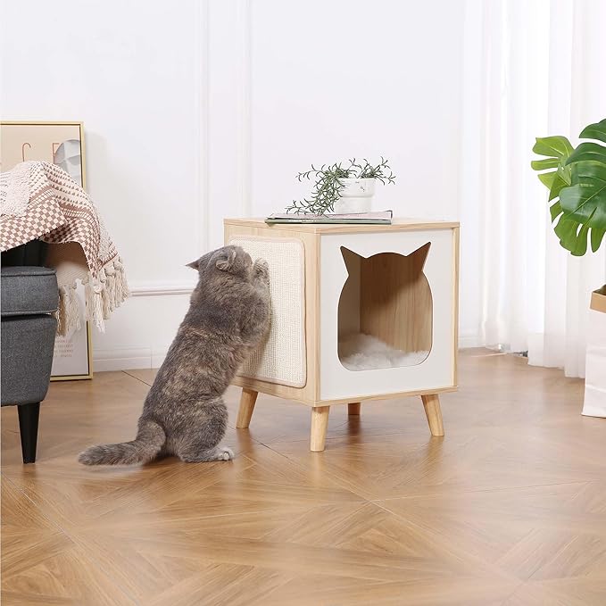 Cat House Wooden Cat Condo Cube Shaped,Modern Cat Bed Side Table & Nightstand,Cat Shelter Furniture with Cushion Cat Scratch Pad,Natural