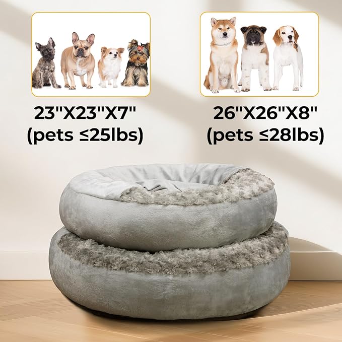 Cave Dog Bed with Blanket Donut Round Plush Cozy Cat Pet Bed for Puppy Machine Washable Removable Cover Anti-Slip Bottom Gray 26X26X8 inch
