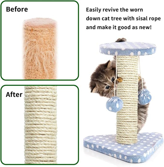 White Sisal Rope 1/4 Inch by 65-Feet for Cat Scratching Post Tree Tower Replacement Repair and Replace, DIY Hemp Twine Rope for Kittens Shelves Furniture Window Bed Perch Kicker Toys, 6mm by 20m