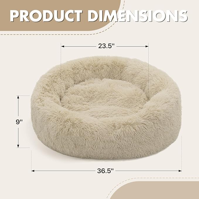 Athena Collection Washable Dog Bed Large Size Dog, Cat Bed for Indoor Cats, 36 Inches Fluffy Faux Fur Round Pet Bed Calming Cozy Soft Warming Donut for Large Size Pet, Beige
