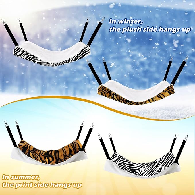 2 Pieces Reversible Cat Hanging Hammock Soft Breathable Pet Cage Hammock with Adjustable Straps and Metal Hooks Double Sided Hanging Bed for Small Dogs Rabbits(Zebra, Tiger Stripes,L)