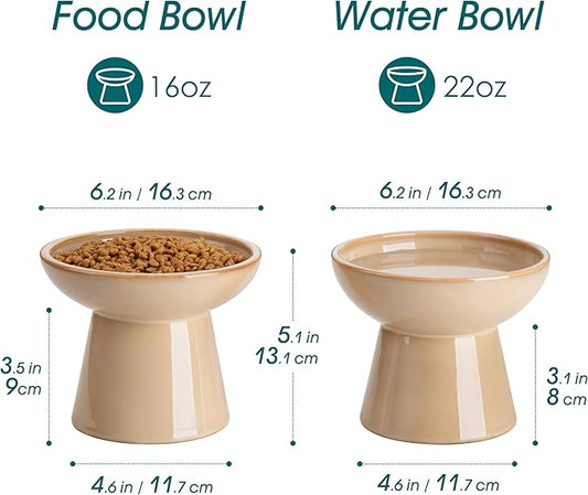 vancasso Ceramic Elevated Cat Bowls 2-Pack - 6.2" Extra Wide Raised Cat Food & Water Dishes, 5.1" Optimal Height Anti-Whisker Fatigue Shallow Bowls for Cats/Kittens/Dogs, Lead & Cadmium Free (Brown)