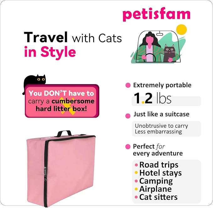 Smell-Contained Portable Cat Travel Litter Box with Zipped Lid to Keep Odor and Litter Contained. Lightweight to Carry to Anywhere (Pink, Medium)