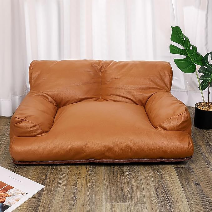 Pet Sofa Bed, Vintage Cat Dog Faux Leather Sofa with Non-Slip Bottom for Dogs Cats (Brown, Large)