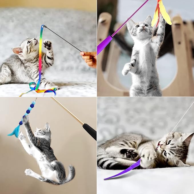 Cat Toys, 2PCS Retractable Feather Toys, 10PCS Replacement Teaser Refill, 1PC Rainbow Ribbon Wand Interactive Kitten Toys for Indoor Cat Make Exercise
