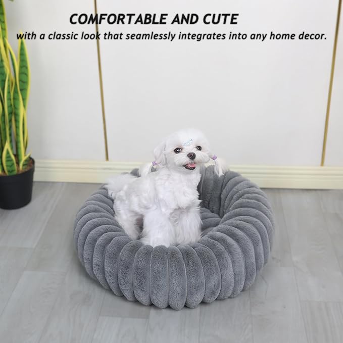 Donut Dog Bed for Small Dogs & Cats - Comfort Anti-Anxiety Calming, Washable & Anti-Slip, Cozy Soft Round Pet Beds for Puppy & Kitty, 19x19 Inch, Warm Grey