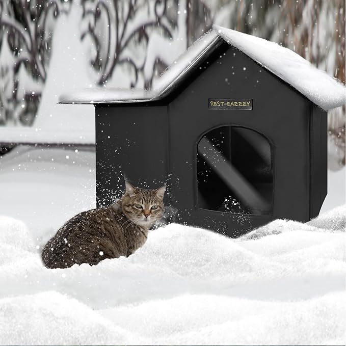 Rest-Eazzzy Cat House for Indoor and Outdoor in Summer,Feral Cat House Insulated with Mat,Clip and portable handle,Weatherproof and easy Installation,Bed for Kitten and Puppie,Never Blow Away(Black,M)