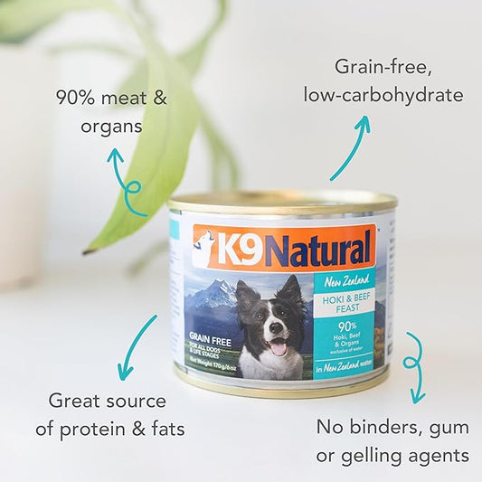 K9 Natural Wet Dog Food Pate, Hoki & Beef Feast, 6 Oz Cans (Pack of 12), Grain Free, Made in New Zealand with Sustainably Caught Hoki Fish and Grass-Fed and Finished Beef