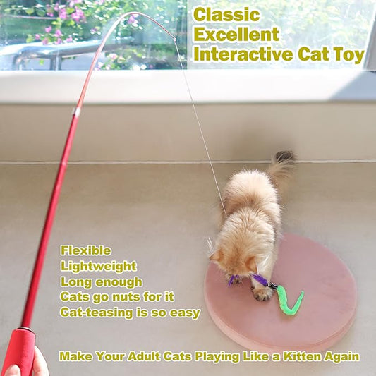 Interactive Cat Toys - Retractable Wand Toy and Feather Toys Refills for Indoor Cats to Chase and Exercise
