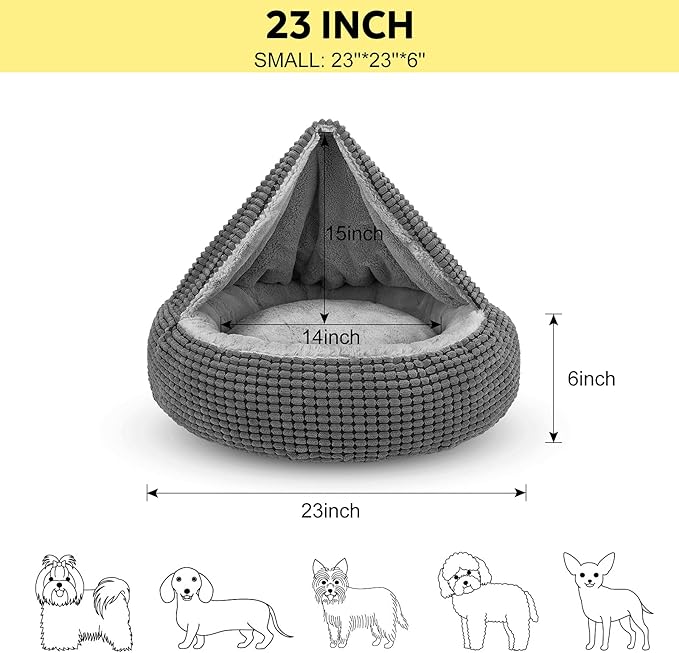 SIWA MARY Small Dog Bed with Attached Blanket, Cozy Donut Cuddler Anti-Anxiety Hooded Pet Beds Calming Cave Bed. Orthopedic Round Puppy Beds for Dogs or Cats Washable, Anti-Slip Bottom, 23inch