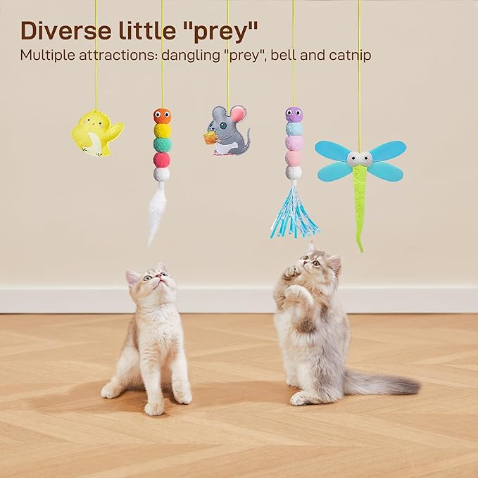 Potaroma Interactive Cat Feather Toys 5 Pcs, Cat Teaser Retractable Hanging Indoor Kitten Play Chase Exercise, Mental Physical Stimulation for All Breeds and Species