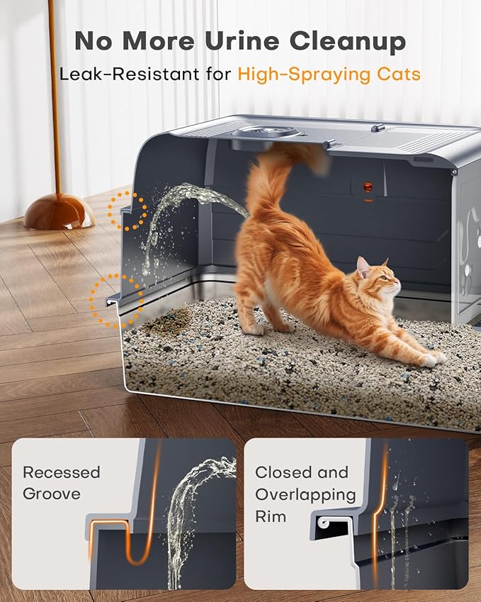 PetGenieยฎ 2025 XXXL Stainless Steel Cat Litter Box (152L) - Leak-Proof for High Pee Cats, 180ยฐ Flip Top Lid & 3-in-1 Modes, Fits Maine Coon/Multi-Cat Homes w/Metal Scoop & Charcoal Filter