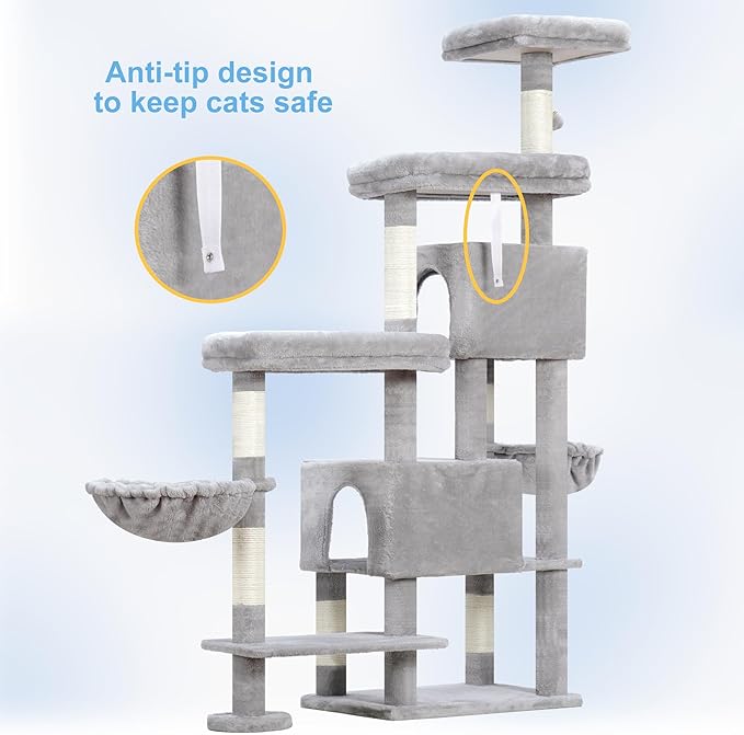 Hey-brother Cat Tree Tower, Scratching Posts with a Extended Part, Wide Platforms, Cozy Condos, Hammocks, Sisal Columns and Ball for Indoor Cats, 70.1 Inches, Light Gray MPJ038W