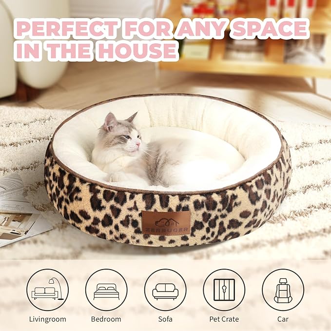 20in Leopard Round Cat Dog Bed Gift for Large Medium Small Dogs Cats, Machine Washable Sleeping Sofa, Non-Slip Bottom Breathable Soft Calming Pet Cuddler for Indoor/Outdoor/Car/Cage