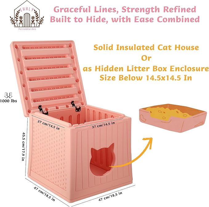 Heavy Duty Cat House Waterproof, Hidden Cat Litter Box Enclosure with Flip Lid for Easy Cleaning, Extra Thick Insulated Cat House Outdoor, Winter Feral Cat Shelter Weatherproof, Blush