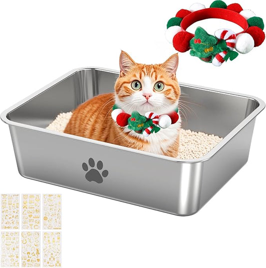 Stainless Steel Cat Litter Box, Metal 6inch High Sided Cat Litter Pan, Indoor Litter Tray, Large Cat Litter Box, Pet Toilet Supplies for Cats, Rabbits, Easy Clean, Non Stick, No Smell (L)