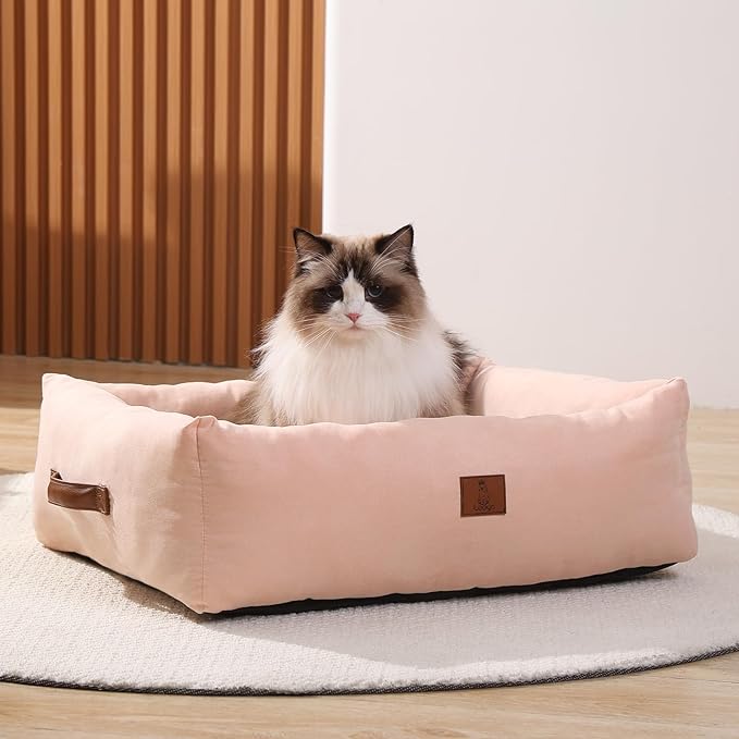 20In Dog Bed for Small Medium Sized Dogs and Cats - Washable Rectangle Puppy Bed for Indoor Outdoor, Cozy Pet Bed with Support Pillow & Non-Slip Bottom(Pink, Small)