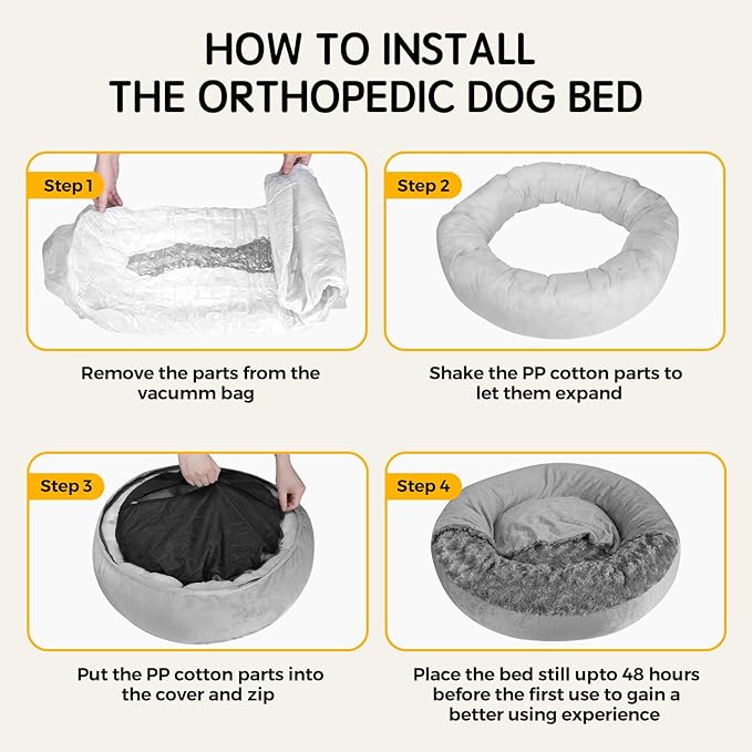 Cave Dog Bed with Blanket Donut Round Plush Cozy Cat Pet Bed for Puppy Machine Washable Removable Cover Anti-Slip Bottom Gray 26X26X8 inch