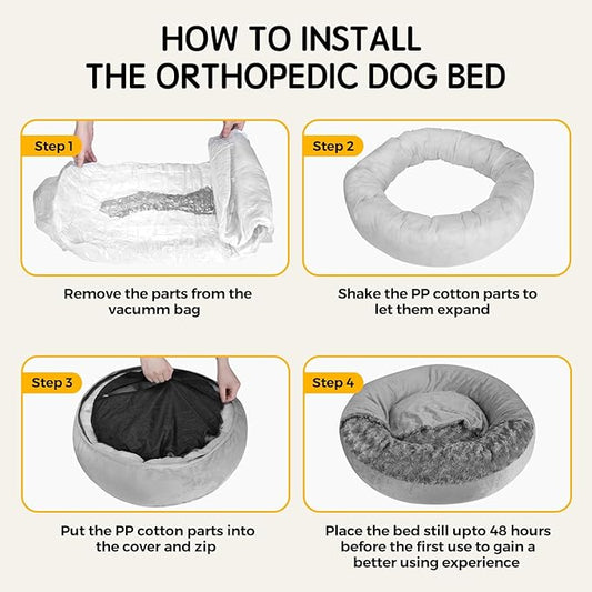 Cave Dog Bed with Blanket Donut Round Plush Cozy Cat Pet Bed for Puppy Machine Washable Removable Cover Anti-Slip Bottom Gray 26X26X8 inch