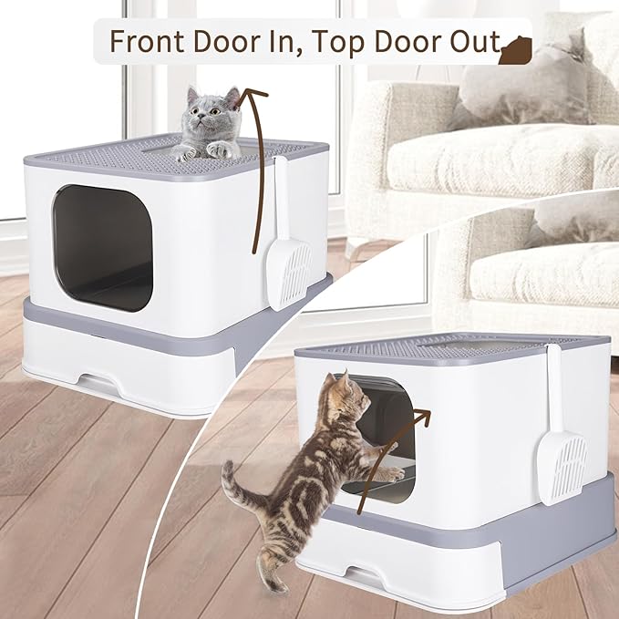 RIZZARI Stainless Steel Cat Box: Enclosed Design with High Walls - Light Gray - Large Litter Pan for Odor Control Indoors