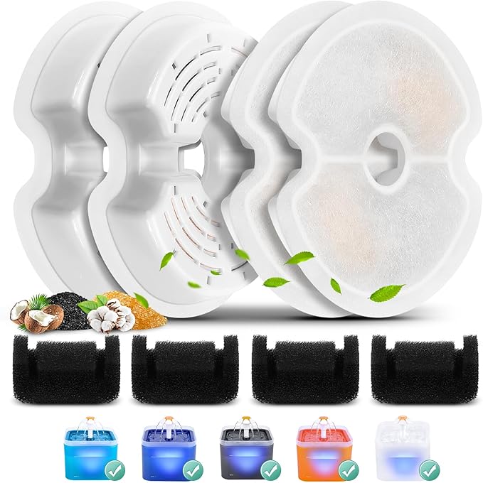 4 Pack Replacement Filters & 4 Pack Pump Filters for 67oz/2L Colorful Cat Fountain with LED Light, BFLICROY Cat Water Fountain Filter, Quadruple Filtration Pet Fountain Filters Replacement