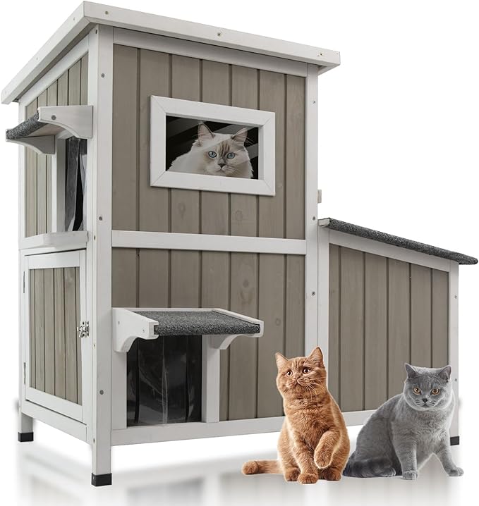 Outdoor Cat House Weatherproof, Two Story Wooden Cat House Outside Feral Shelter with 3 Escape Door, Cat Condo for Small Animals with Openable Asphalt Roof, Grey