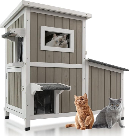 Outdoor Cat House Weatherproof, Two Story Wooden Cat House Outside Feral Shelter with 3 Escape Door, Cat Condo for Small Animals with Openable Asphalt Roof, Grey