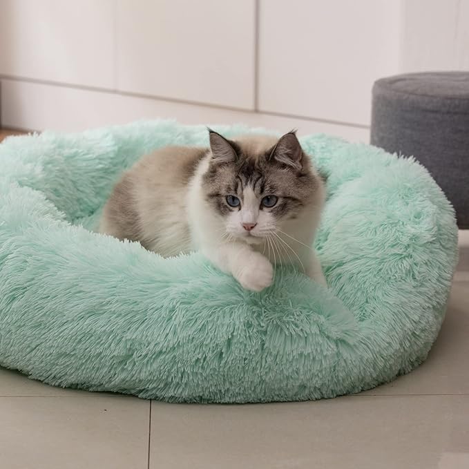 Anti Anxiety Round Fluffy Plush Faux Fur Warm Washable Dog Bed & Cat Bed, Original Bed for Small Medium Large Pets,Used to Relieve Joints and Improve Sleep(20"/24"/27'') (24", Light Green)