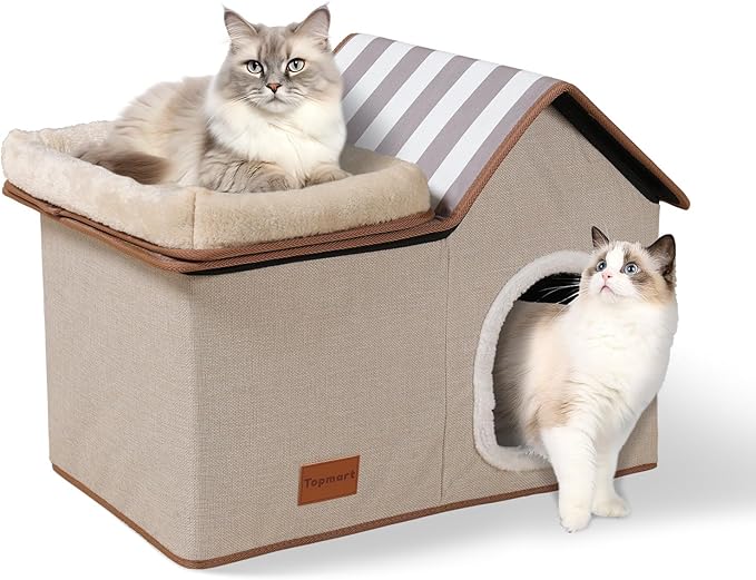 Topmart Cat House with Cat Bed, Large Indoor Condo, 2-in-1 Pet Bed for Kitten and Small Cat, Beige, Grey