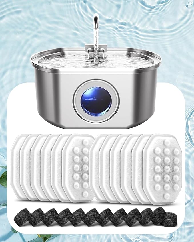 8 Pack Cat Water Fountain Filters with 8 Pack Pre-Filter Sponges Set for 3.2L/108oz Pet Cat Water Fountain, Pet Fountain Filter Replacement