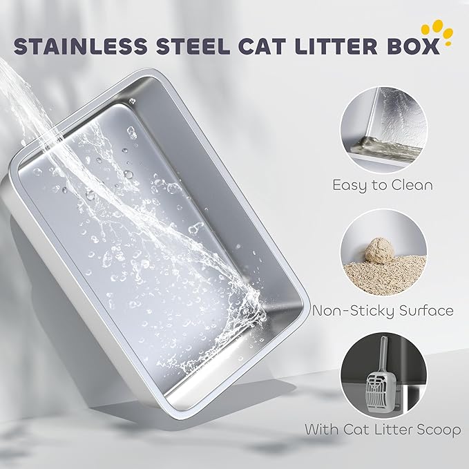 PawHut XL Stainless Steel Litter Box, Extra Large Enclosed Cat Litter Pan with High Wall Sides, Scoop, Top Entrance, Non-Slip Pads, Anti-Urine Leakage, Non-Sticky, Black