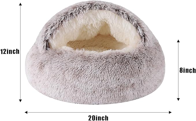 Coffee Round Hooded Cat & Dog Bed - Cave Cover, Faux Fur Cuddler, Self Warming Donut Bed, Fits up to 12 lbs Pets (20" x 20")