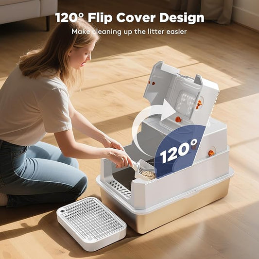 FURTIME Stainless Steel Litter Box with Lid, XL Extra Large Enclosed Cat Litter Box for Big Cats, Metal Cat Box with High Sided Enclosure & Scoop, Front & Top Entry, Odor Free, Anti-Leakage, Silver