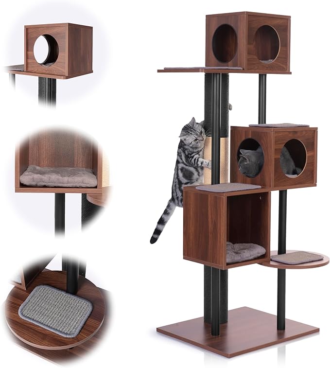 Modern Cat Tree-Sleek Wooden Furniture-Style Tower(60") Blends with Home Decor, Tallest Scratching Post(48"), 3 Cat Condos for Multi-Cat Harmony & Comfort