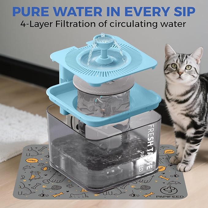 PAPIFEED Wireless Cat Water Fountain, 106oz/3L Battery Operated Pet Water Fountain Cordless for Cats Indoor, Automatic Cat Drinking Dispenser with Motion Sensor, Leak-Proof Silicone Pad Included Cyan