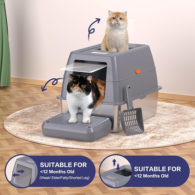 XXXL Stainless Steel Litter Box with Lid,Extra Large 28"L*20"W*18.1"H Metal Cat Litter Boxs,Jumbo Enclosed Removable Litter Box High Sides For Big Cats,with Cat Litter Scoop, Leak-Proof, Easy to Clean