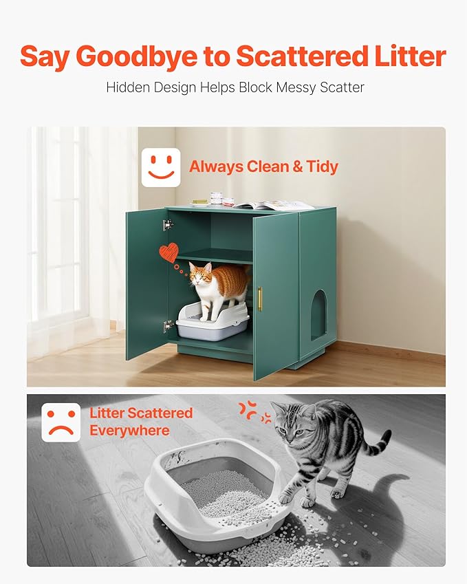 VEVOR Cat Litter Box Enclosure, 31.5 in Hidden Litter Box Cabinet, Wooden Indoor Cat Washroom with Ventilated Holes, Double-Door Kitty Pet House Furniture, End Side Table Fit Most Litterboxes