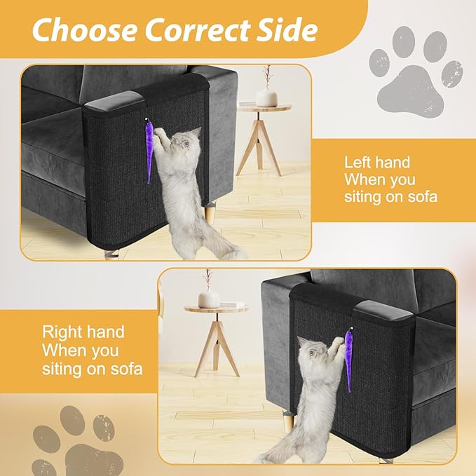 Cat Scratch Couch Protector,Cat Scratch Sofa Armest Cover with Sisal Mat and a Toy for Small Animals Indoor use 23.6’’L*19.7’’W (Black/Right Hand)