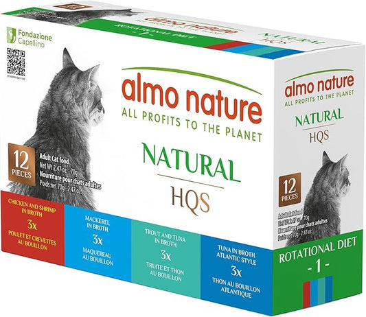 Almo Nature: HQS Natural Cat Pack 2 - (12) 2.47oz Can, Adult Cat Wet Canned Food - 3 Each: Atlantic Tuna, Mackerel, Trout & Tuna, Chicken & Shrimp