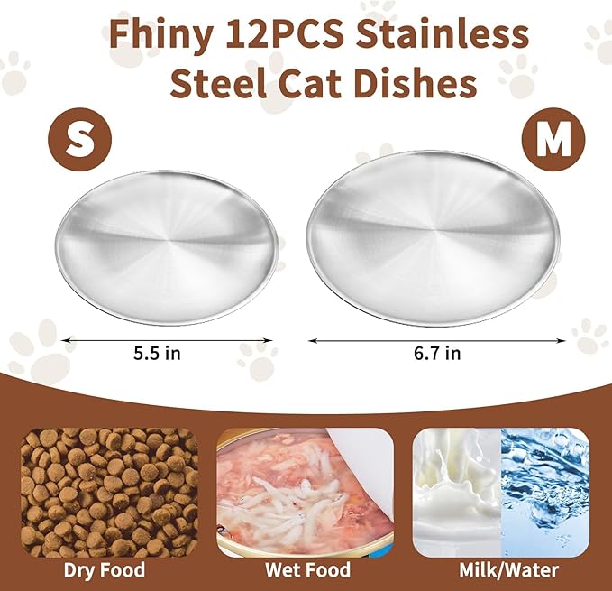 Fhiny 12 PCS Stainless Steel Cat Dish Set, 5.5", Wide Whisker Friendly Cat Bowls Shallow Kitten Feeding Plate Replacement Basic Small Pet Bowl Metal Flat Cat Dish for Stray Cats Dogs (5.5" Dia)