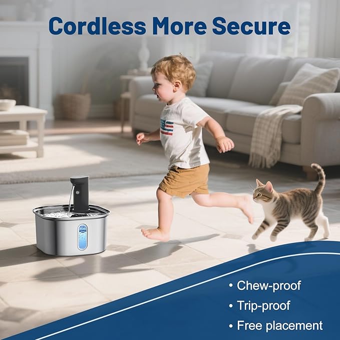 Wireless Cat Water Fountain Stainless 108oz 3.2L 5000mah Battery Operated Pet Fountain Cordless, Automatic Water Dispenser with Motion Sensor (Silver, Wireless Cat Fountain Stainless Steel)