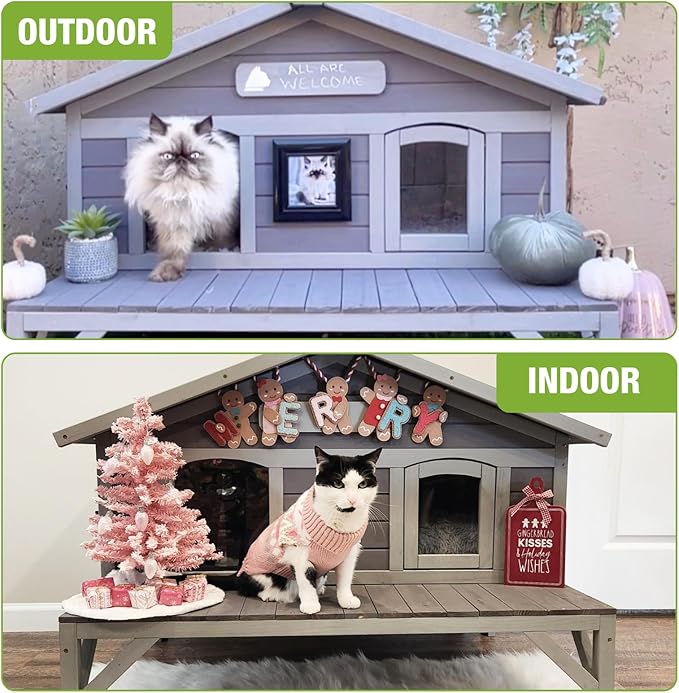 GUTINNEEN Outdoor Cat House, Wooden Feral Cat Shelter with Large Balcony. Weatherproof Cat House for Stray Cats Outside with Escape Doors, Indoor Kitten Condo