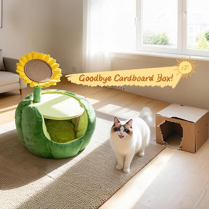 Cat Houses for Indoor Cats, Small Cat Tree with Sisal Mat and Plush Perch, Cute Cat Bed Cave with Soft Pillow, Sunflower Design