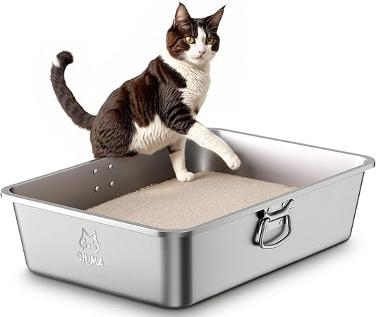 Stainless Steel Litter Box with Handle, Large Metal Cat Litter Box with High Sided for Big and Small Cats, Kitty Litter Boxes, Non-Stick, Easy to Clean, Odor-Free, Cat Toilet,Litterbox