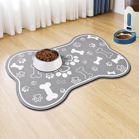 Dog Cat Food Mat,Rapid Absorbent Pet Feeding Mat, Bone Shaped Dog Placemat Water Bowl Mat with Rubber Backing,No Stains Dog Cat Food Mats Indoor, Pet Accessories Supplies 12"x18" Grey