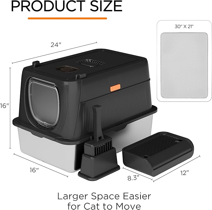 Citylife Stainless Steel Cat Litter Box with Lid,XL Extra Large Enclosed Removable Metal Litter Box with Litter Scoop&Double Layer Litter Mat,Non-Sticky,Non-Odor,Easy Cleaning, for Big Cats,Black