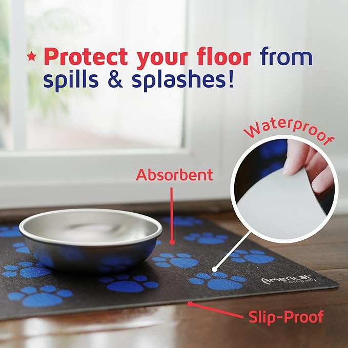 Americat Cat Feeding Mat Machine Washable, Waterproof, No-Slip Cat Placemat Protect Floors from Messy Eaters & Drinkers 16 x 12 Inches (Paw Prints)